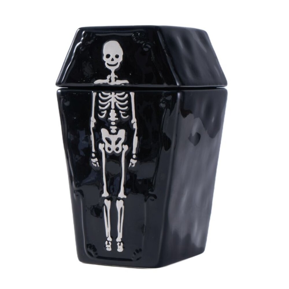 NEW Ceramic Coffin Cookie Jar Treat Food Storage Candy Kitchen Decor Black Skele